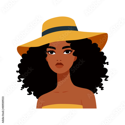 young african american woman with black curly hair in the yellow hat vector illustration template design