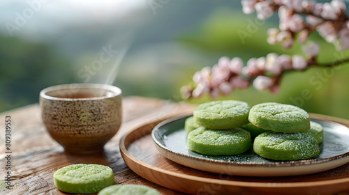 Matcha Cookies and Tea in Springtime Japan - Exquisite Closeup of Vibrant Green Treats and Warm Nature photo