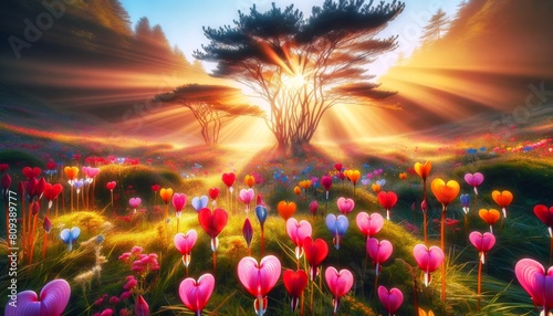 A vibrant scene depicting heart-shaped blossoms in a sunlit meadow.