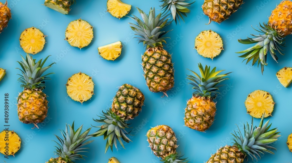 Artistic arrangement of whole and sliced pineapples forming patterns on a bright blue background, shot from above, studio lighting Artistic arrangement of whole and sliced pineapples forming patterns on a bright blue background, shot from above, studio lighting