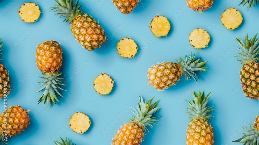 Artistic arrangement of whole and sliced pineapples forming patterns on a bright blue background, shot from above, studio lighting Artistic arrangement of whole and sliced pineapples forming patterns on a bright blue background, shot from above, studio lighting