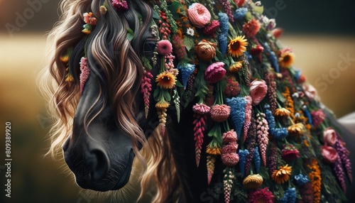 A detailed close-up of a horse with its mane interwoven with a variety of flowers, cascading around its face. photo
