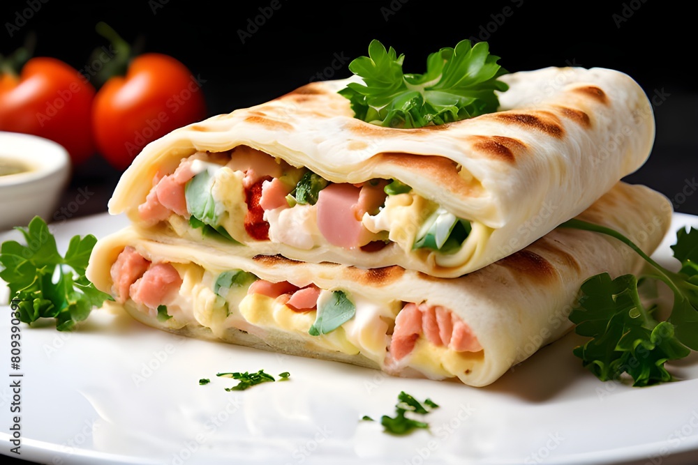 Lavash roll with cheesy ham and parsley for a nutritious club sandwich Lavash roll with cheesy ham and parsley for a nutritious club sandwich