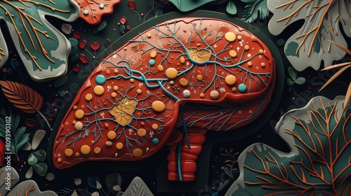 Anatomical cutaway illustration of the human liver, showcasing microscopic details like bile ducts and hepatocytes, for medical education photo