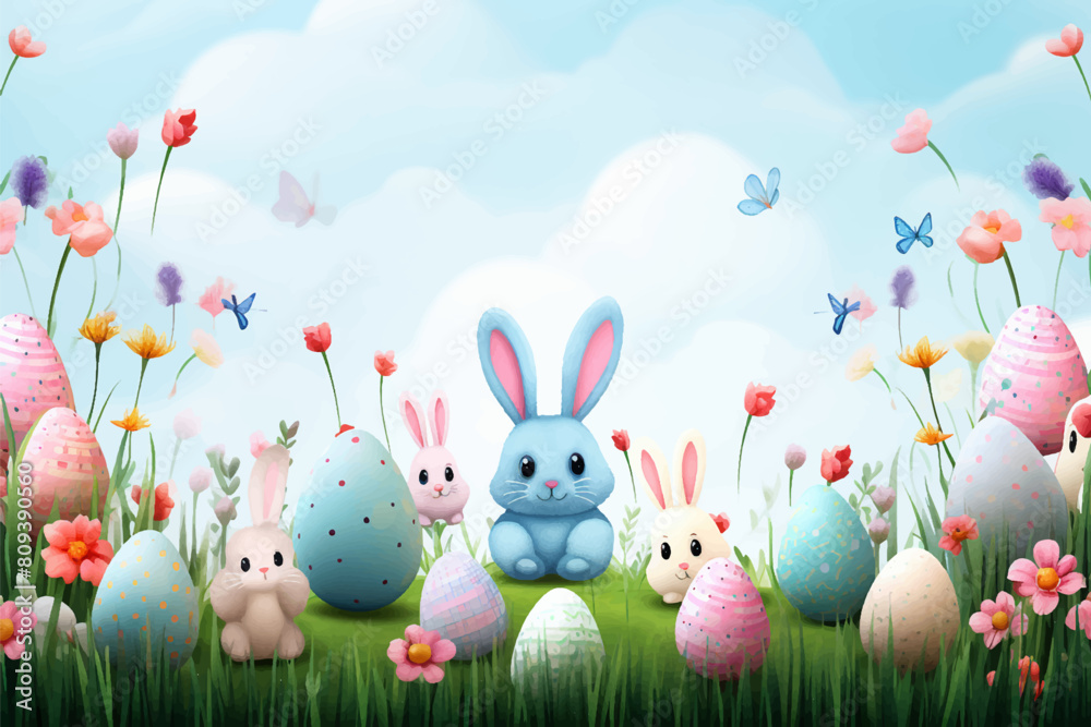 Obraz premium Colorful flat design doodle Happy Easter Eggs vector illustrations of bunnies, rabbits icons, decorated with flowers background