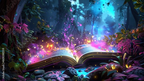 Glorious Open magic book with growing lights magic powder butterflies Magic book of elves