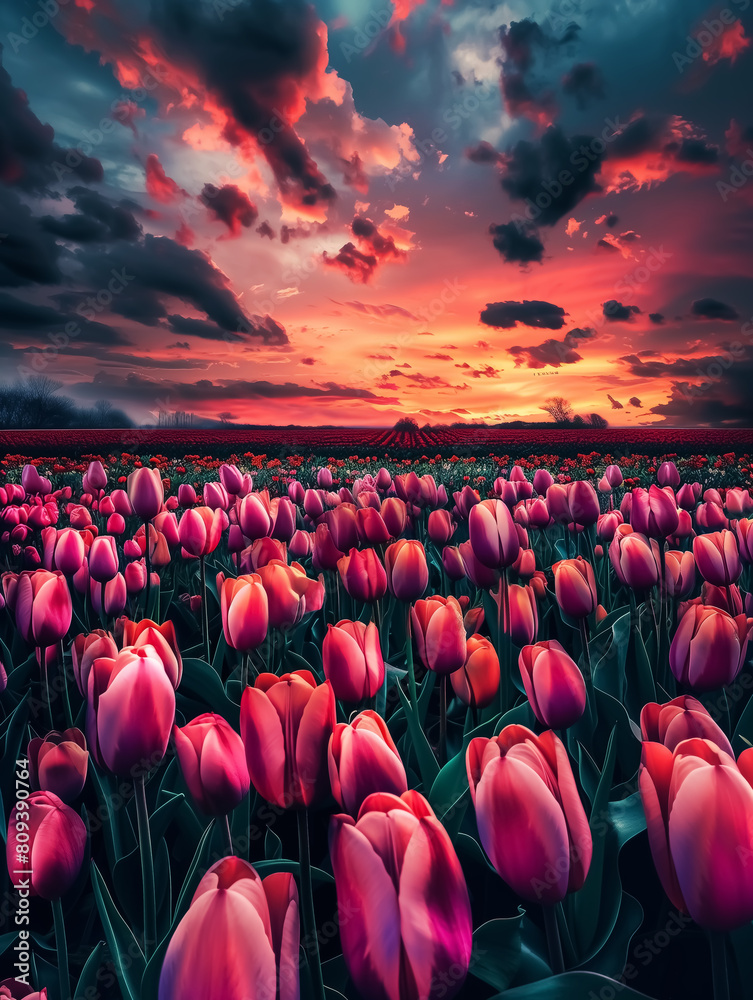 tulip festival at sunset, landscape with tulip field at sunrise. 4K ...