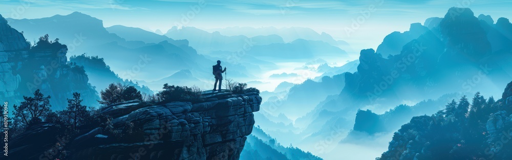 Morning Climb Adventure: Vector Illustration of Climber on Cliff with Misty Blue Mountains as Background for Logo Design