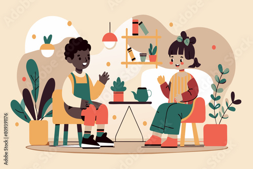 Cartoon illustration of two people sitting and chatting