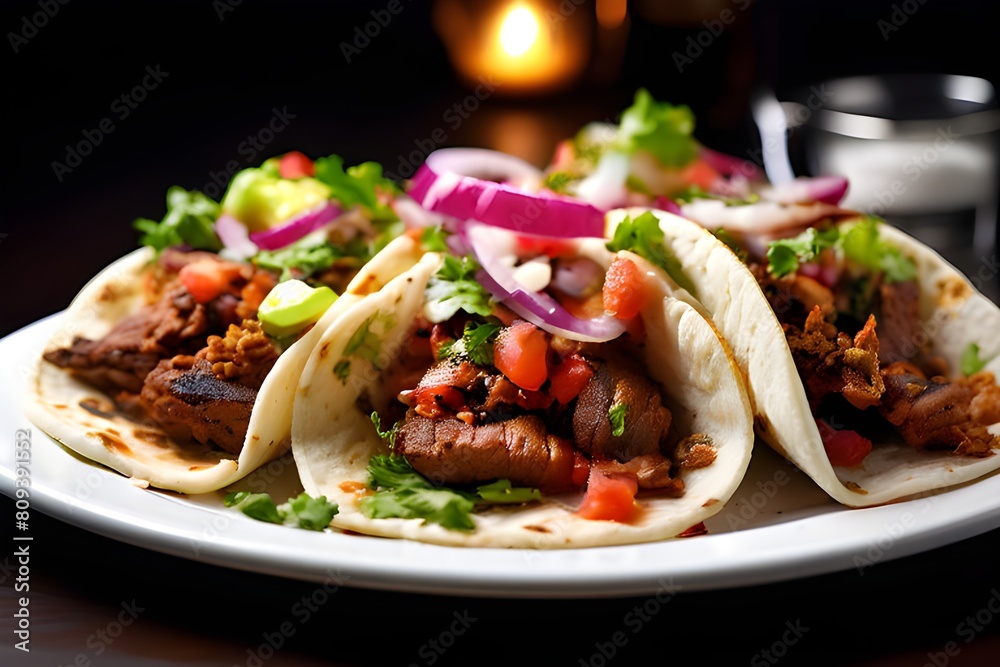 Taco stuffed with grilled meat, salsa and onions Taco stuffed with grilled meat, salsa and onions