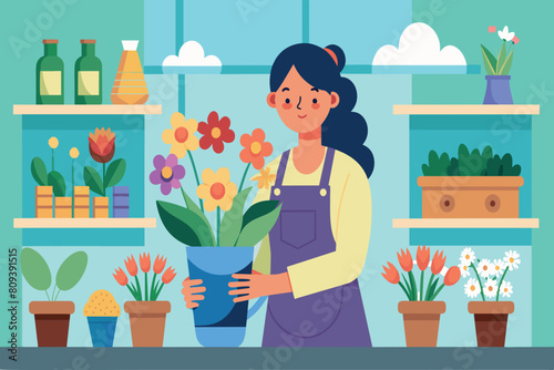 A smiling woman in an apron holding a flower pot in a sunny shop