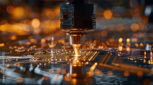 An advanced laser diagrammatic machine in action, with intricate circuit patterns being cut on metal plates with precision and speed. 