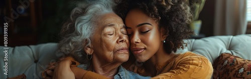 loving adult daughter hugging older mother standing behind couch at home family enjoying tender moment together young woman and mature mum or grandmother looking at each other two generations  photo
