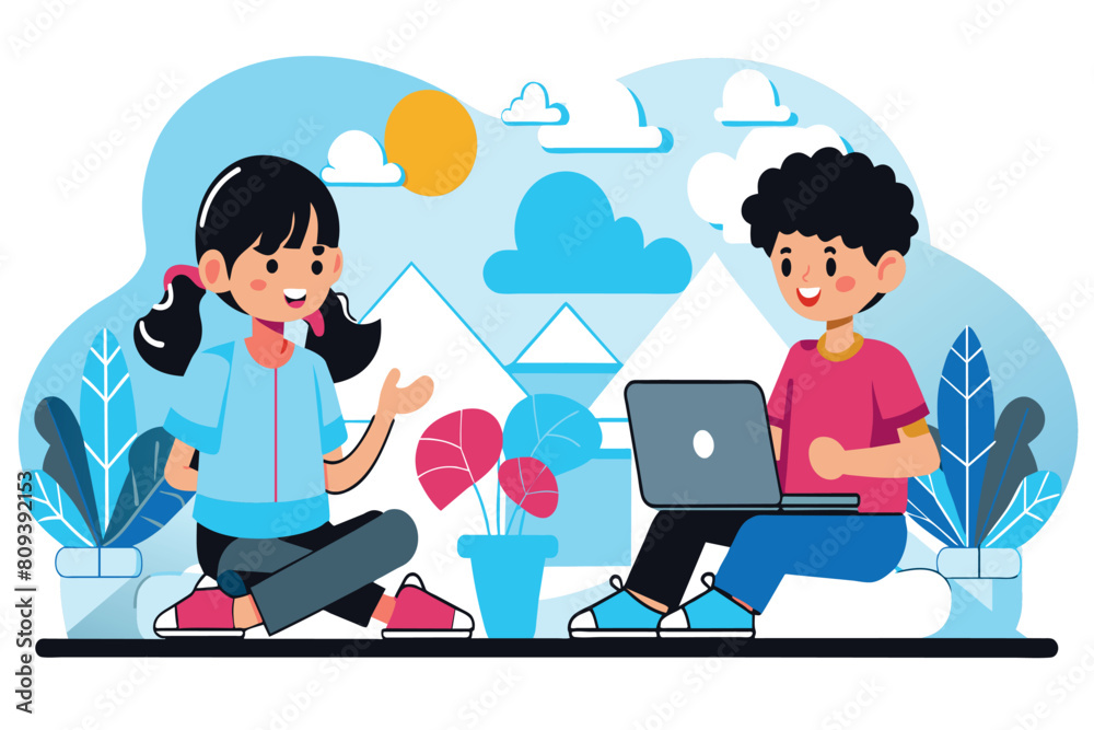 Cartoon of a pair relaxing outdoors, one working on a laptop Cartoon of a pair relaxing outdoors, one working on a laptop