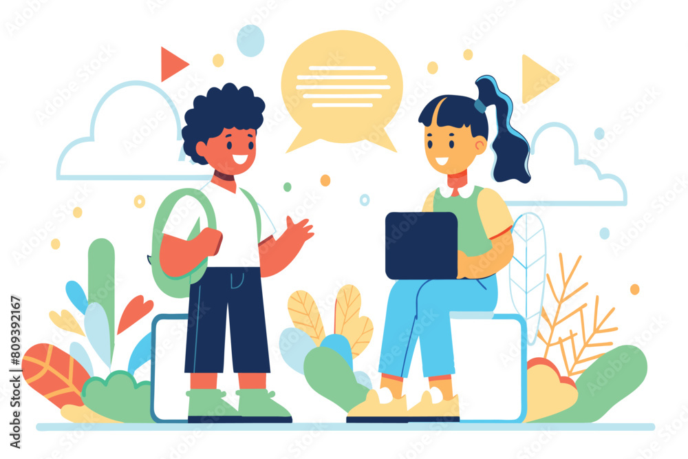 Animated male and female characters talking with a laptop and playful background Animated male and female characters talking with a laptop and playful background