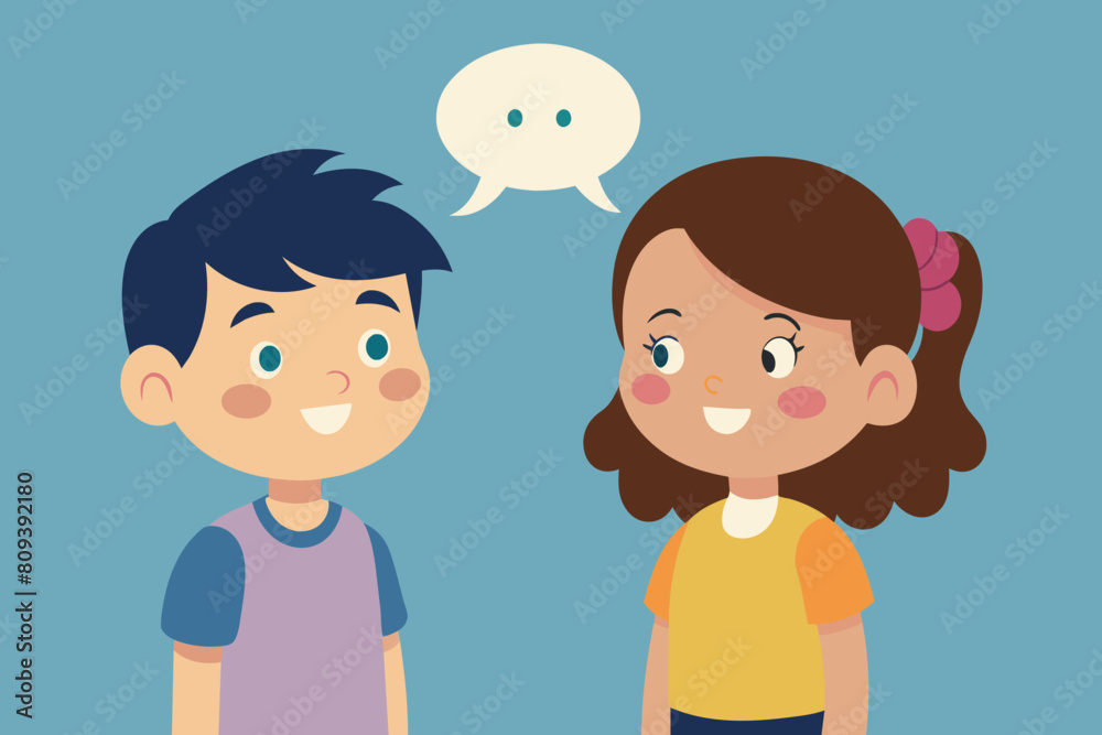 Two cartoon children chatting happily with a speech bubble overhead Two cartoon children chatting happily with a speech bubble overhead