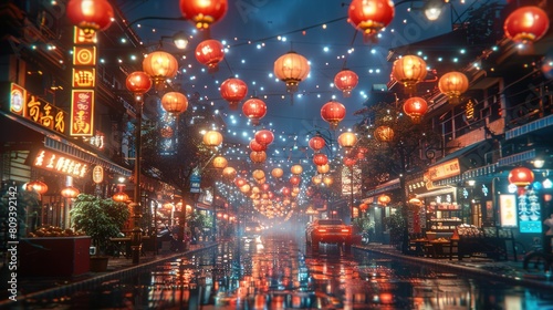 A street with many lights and lanterns hanging from the ceiling