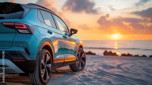 Sunset Hybrid SUV: Modern Design Parked by Sea - 49 characters photo