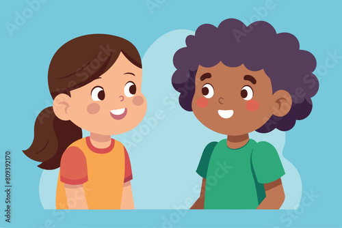 Cartoon kids talk, displaying cheerful expressions