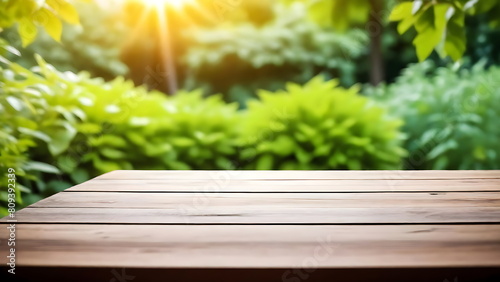 Wooden podium with blur garden background for product placement