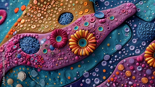 Close-up, artistic microscopic illustration of the human liver, emphasizing complex cellular structures in bright, accurate colors