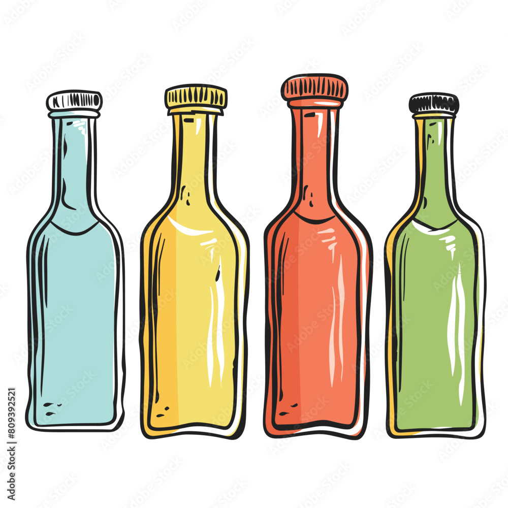 Handdrawn colorful glass bottles illustration, capped bottle set, beverage containers. Variety bright colored bottles, sketch style drawing, packaging concept. Cartoon glass bottles, drink Handdrawn colorful glass bottles illustration, capped bottle set, beverage containers. Variety bright colored bottles, sketch style drawing, packaging concept. Cartoon glass bottles, drink
