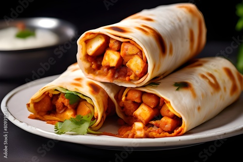 selective focus of Indian food Paneer Roll or paneer kathi roll photo