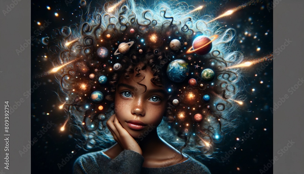 A close-up image of a young girl with curly, expressive hair, featuring tiny planets and glowing comets swirling around. A close-up image of a young girl with curly, expressive hair, featuring tiny planets and glowing comets swirling around.