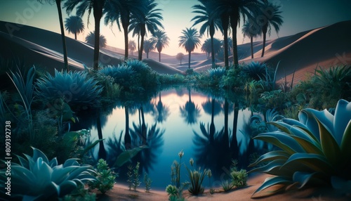 A detailed close-up of a serene oasis in a desert landscape at twilight. photo