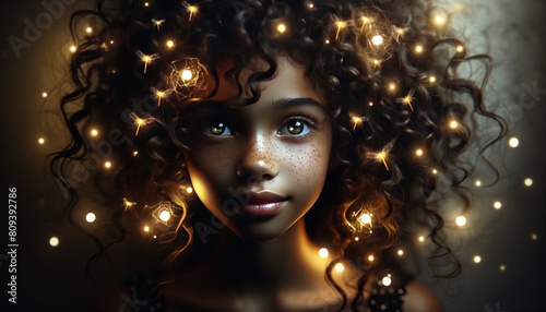 A close-up image of a young girl with curly, expressive hair, illuminated with small glowing fireflies and twinkling stars.