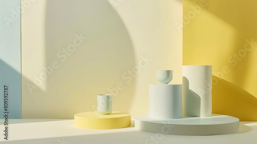 Clean  editorial-style image of subjects arranged against a soft white and yellow pastel backdrop  perfect studio lighting