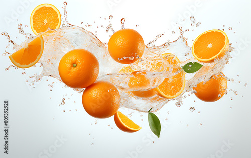 Fresh orange with water splash isolated on white background. 3d illustration