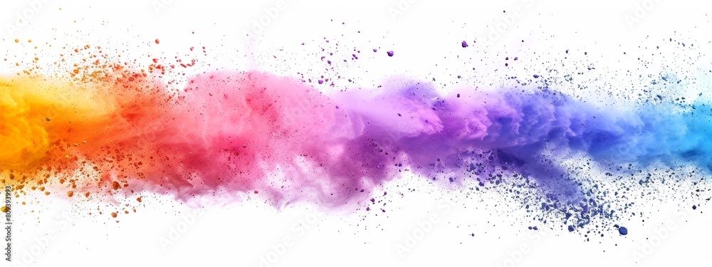 rainbow colored powder explosion on a white background, in a flat lay style.