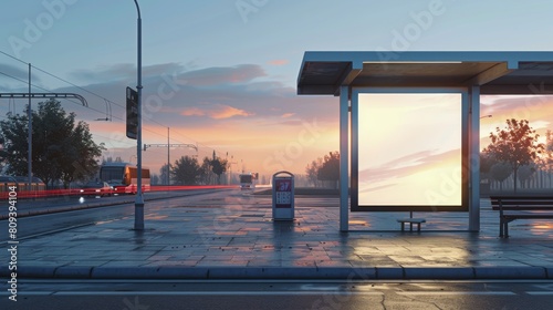 empty poster frame mockup at a bus stop, 3d render