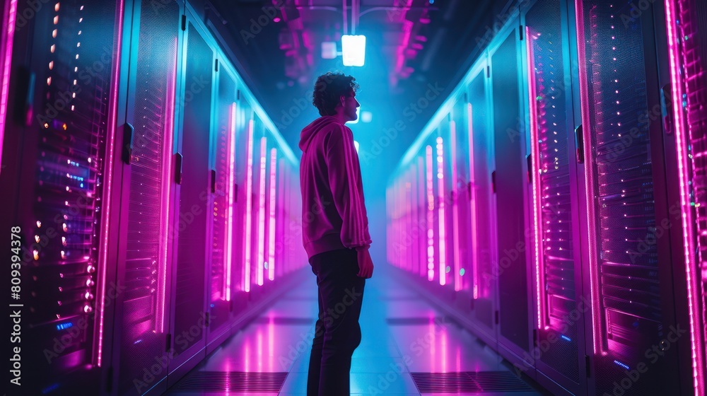 Tech Enthusiast Amid Neon-Lit Data Center Servers, Reflecting on Information Power Tech Enthusiast Amid Neon-Lit Data Center Servers, Reflecting on Information Power