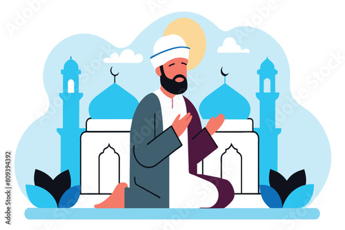 A man prays with a book in hand, kneeling at a mosque setting