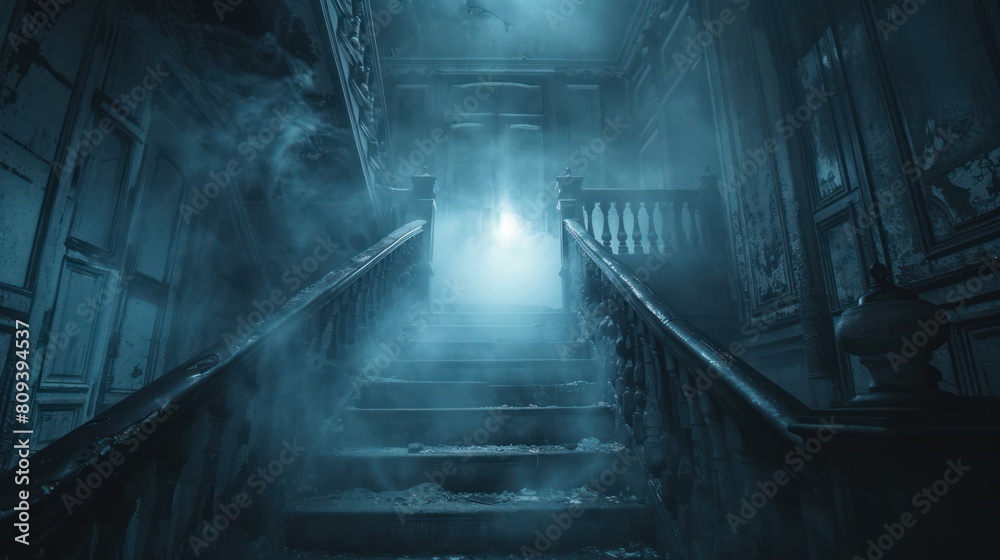 Haunted Mansion: Eerie Staircase with Ghostly Apparition and Foggy Night Ambience
