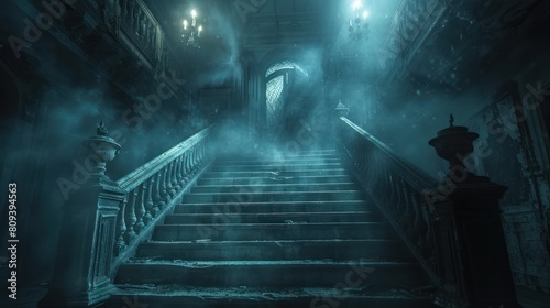 Haunted Mansion: Eerie Staircase with Ghostly Apparition and Foggy Night Ambience
