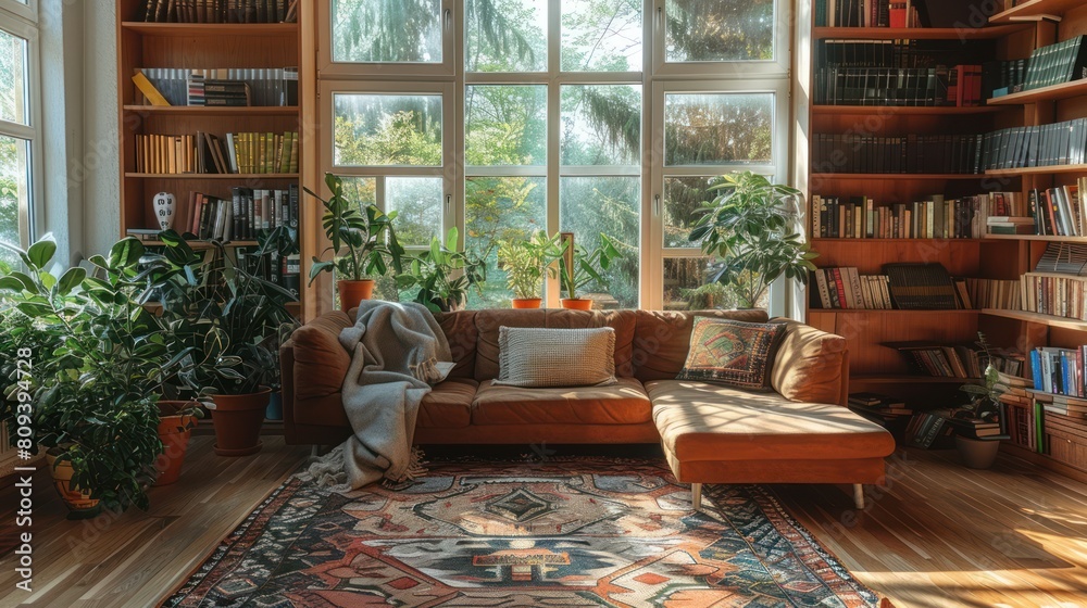 Cozy Living Room with Brown Couch, Coffee Table, and Large Bookcase - Inviting Atmosphere with Sunlight Streaming through Windows.