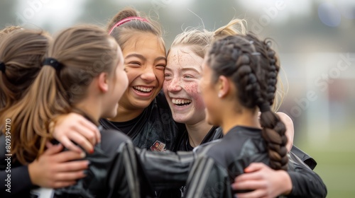 Champions Embrace: Young Female Soccer Athletes Celebrate Season-Ending Win with Heartwarming Group Hug and Smiling Faces