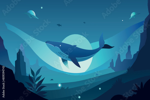 A serene blue whale swims in the deep sea with the full moon illuminating the scene