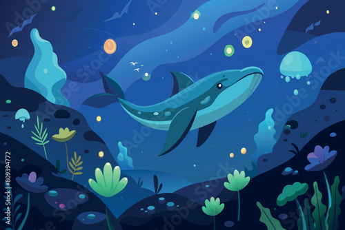A whale glides through a moonlit underwater landscape, surrounded by marine life