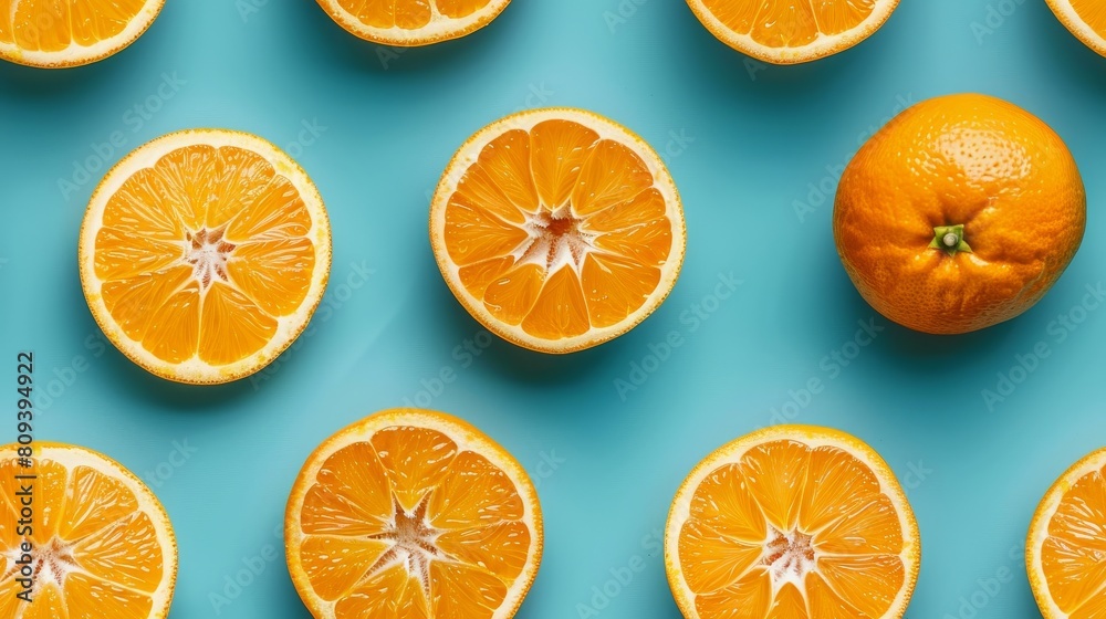 Creative top view of whole and sliced oranges, arranged in a striking pattern on a bright greenish-blue background Creative top view of whole and sliced oranges, arranged in a striking pattern on a bright greenish-blue background