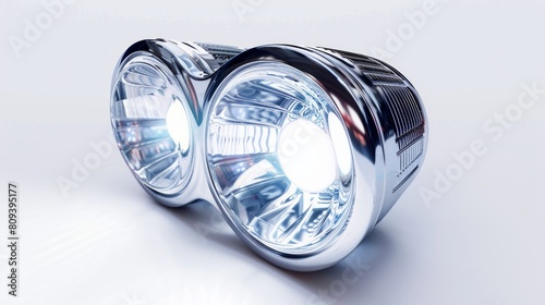 Stylish xenon right headlight of car - optical equipment with lamp inside on white isolated background. Spare part for auto repair in car workshop.