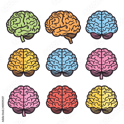 Set colorful brain icons representing different cognitive creative processes. Nine different brain illustrations symbolizing various mental functions. Graphic design human educational content