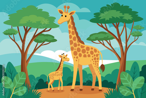 A serene moment as a giraffe and its calf stand amid vibrant greenery