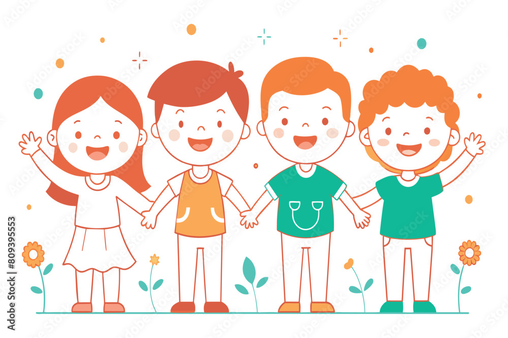 Four cartoon kids happily holding hands with flowers and stars around them Four cartoon kids happily holding hands with flowers and stars around them