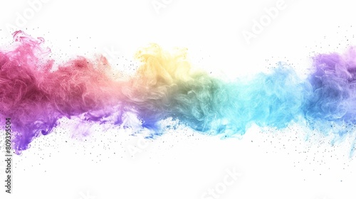 rainbow colored powder explosion on a white background, in a flat lay style.