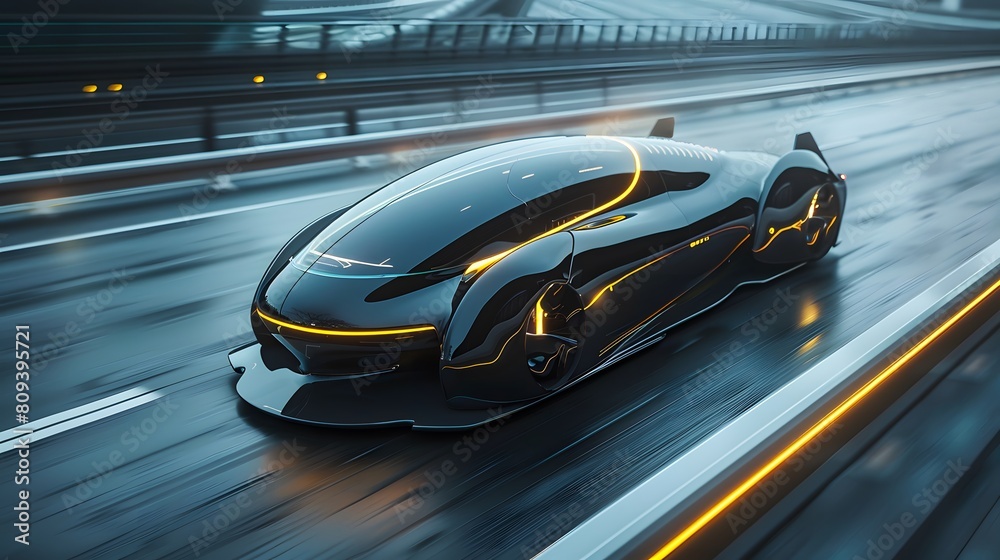 Fototapeta premium A futuristic electric vehicle concept, designed for highspeed travel. The car features aerodynamic curves with carbon fiber accents.