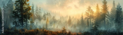 Illustrate the tranquility of a foggy forest at dawn, where muted greens and browns blend seamlessly © worawut